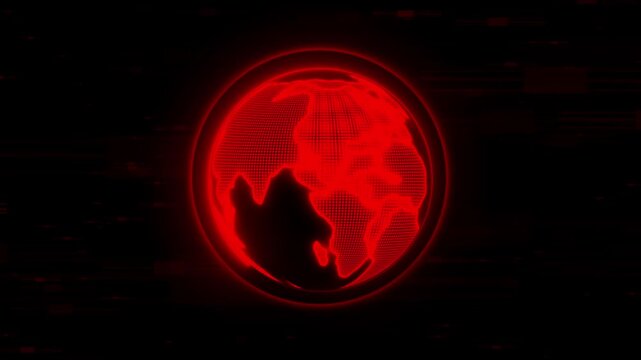 Red digital globe animation with glitch effect. Red digital globe technical error concept. Red digital globe world map glitch graphic.