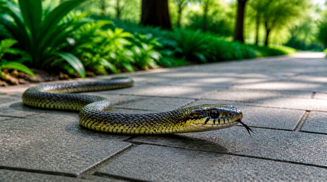 Green and yellow snake slithering on a paved path in a park. Close-up of a wild reptile with its tongue flicking out. Wildlife in urban garden environment