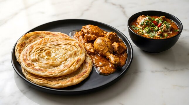 Delicious indian cuisine layered paratha with tender chicken curry and a side of vibrant tomato relish