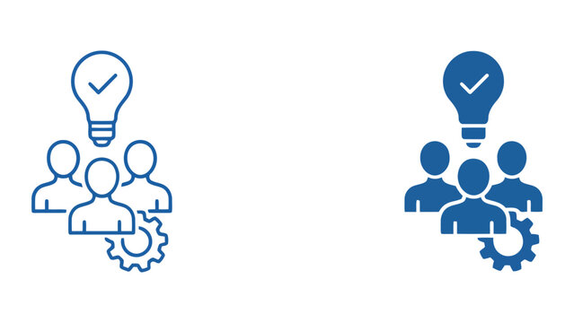 Team members with light bulb and gear icon vector set depicting successful collaboration and project implementation for business efficiency and innovation workflow graphic design elements