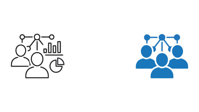 Team data analytics and business intelligence concept icon showing professional group with charts and graphs for strategic planning and performance monitoring in a clean vector illustration format