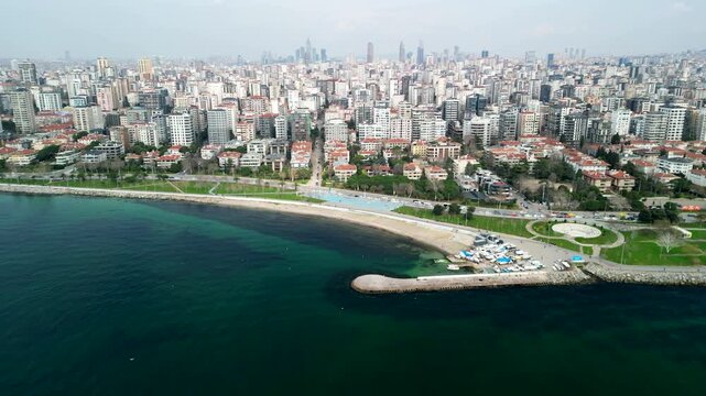 Erenkoy Public Beach, sunny weather in Istanbul, sideways flying