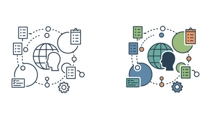 Global project management and resource tracking icon set showing world globe and task lists with data analysis symbols in professional flat vector design for international business information systems © AHMED
