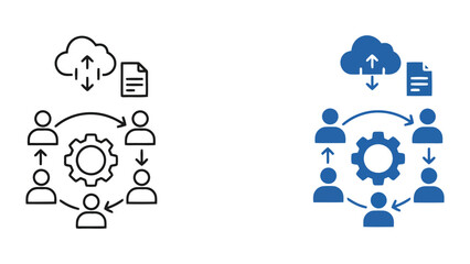 Cloud data synchronization and team workflow icon featuring gear central hub with document sharing and cloud storage symbols in professional blue flat vector design for business information systems © AHMED