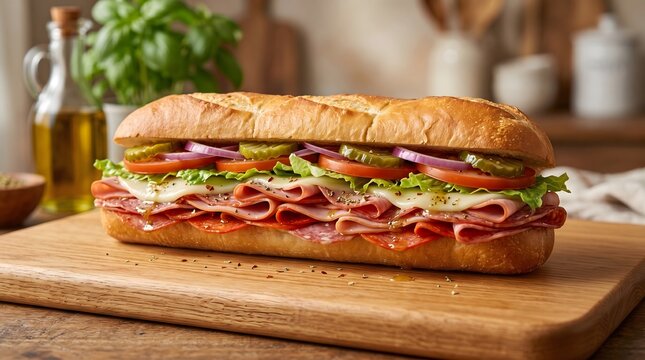 A mouthwatering italian sub sandwich on wood ready to enjoy as a delicious and satisfying meal