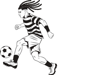 Fototapeta premium Male soccer athlete with braided hair running with ball side view vector outline art