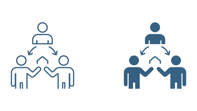 Organizational leadership and delegation icon set featuring a central manager figure directing tasks to team members symbolizing efficient hierarchical workflow and collaborative project management
