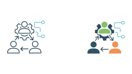 Obraz premium Workflow process optimization with team collaboration and gear icons representing integrated management and strategic task delegation in a professional flat vector graphic illustration for business