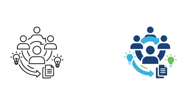 Collaborative project knowledge sharing icon showing team members with lightbulbs and document files in a circular workflow for business education and team training concepts in vector graphic