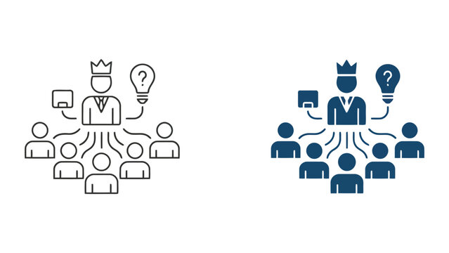 Leadership and management hierarchy icon set showing a manager with a crown and ideas in linear and solid blue vector styles for organizational structure and corporate leadership communication