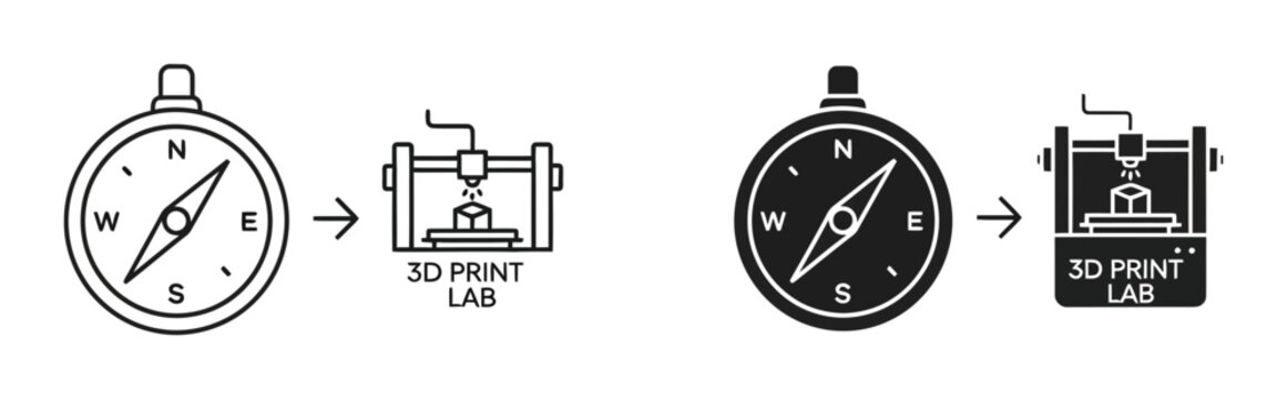 Compass and 3D printer icon set outline and solid styles, white background, vector Illustration
