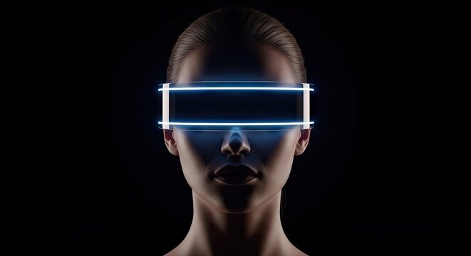 Person wearing glowing neon visor representing futuristic technology exploration in a dark environment while focusing on digital immersion and the expansion of sensory perception through