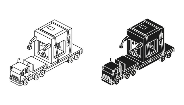 Heavy machinery transport truck icon set, isometric outline and solid style, white background, vector Illustration