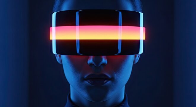 A person wearing electronic headgear emitting orange light signals while exploring the vast digital landscape of cyberspace to discover new dimensions of sensory perception through advanced