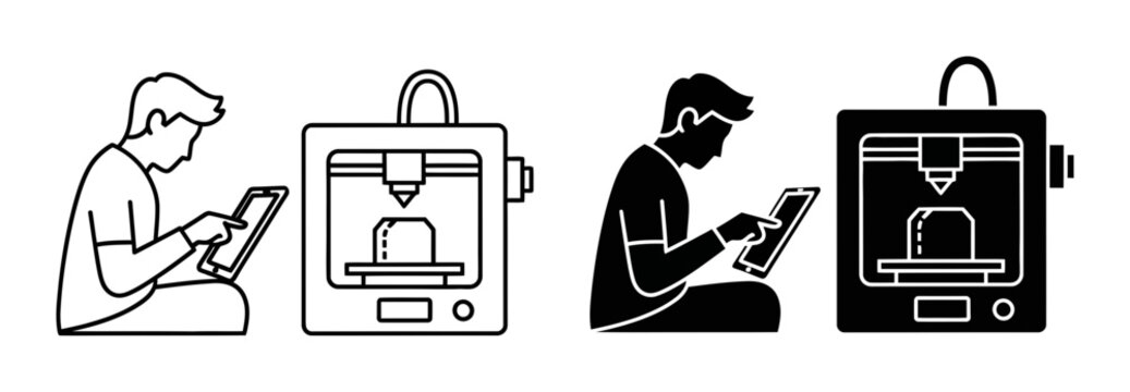 3D printer and operator icon set outline and solid glyph styles, white background, vector Illustration