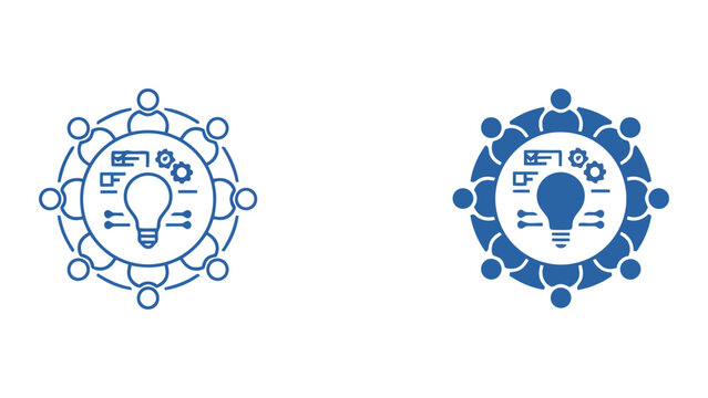 Team innovation and collaborative brainstorming icon set featuring people around a lightbulb with gear symbols representing creative problem solving and group project management in business