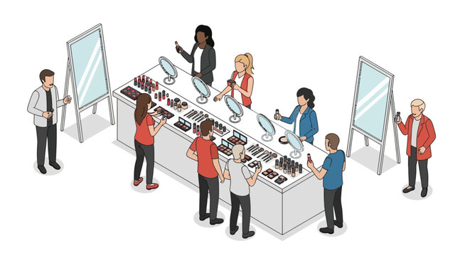 Cosmetics store makeup counter with customers testing beauty products isometric illustration