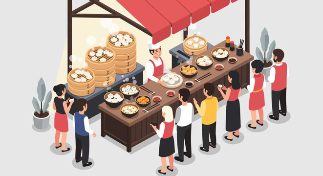Dim Sum Street Food Stall Isometric Illustration