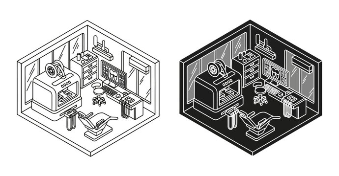 3D printing lab icon set with isometric workspace and equipment, white background, vector Illustration