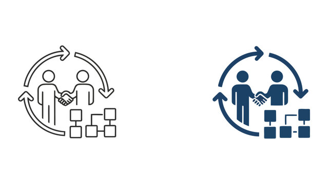 Business partnership handshake and organizational hierarchy structure vector icon set showing professional agreement and corporate management levels for successful business relationship and networking