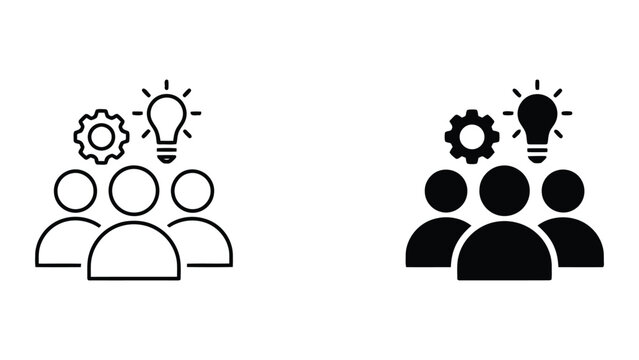 Business team assembling a gear mechanism with puzzle pieces and clips in flat vector icon style