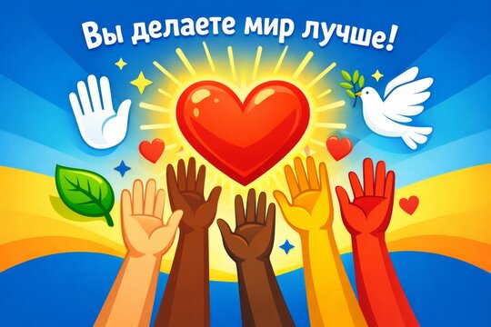 Illustration in blue tones with red heart at center. Diverse hands of people from different nationalities reach toward the heart while a dove of peace flies above, symbolizing unity and global harmony