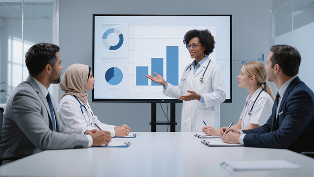 Black female doctor presenting medical data charts to diverse healthcare team in conference room, multicultural hospital meeting with statistics analysis