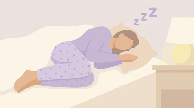 Peaceful sleep of a woman in bed, cozy night, flat design illustration