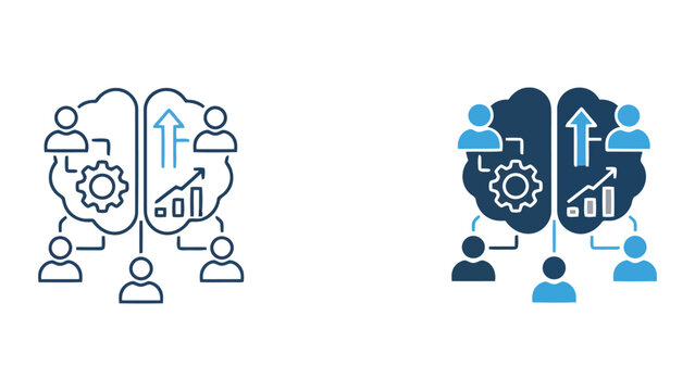 Human resources and digital business management icon set featuring employees with computing devices and professional growth charts for HR recruitment and corporate operations vector graphic design