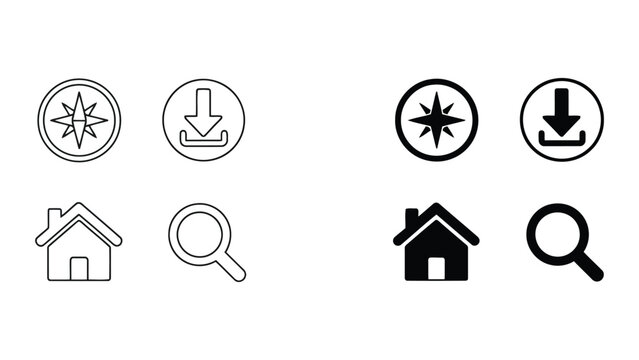 Essential navigation and user interface icon set featuring compass home download and search symbols in clean black and white flat vector graphic design for web and mobile application usage
