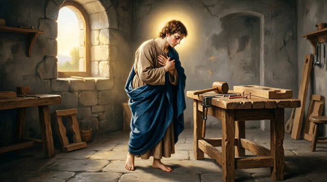 Exquisite oil painting shows Jesus youth obedience in Nazareth with sacred grace.