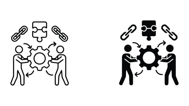 Business synergy and technical collaboration icon set showing team members with gear and puzzle pieces for problem solving and project integration concepts in clean flat vector graphic style design