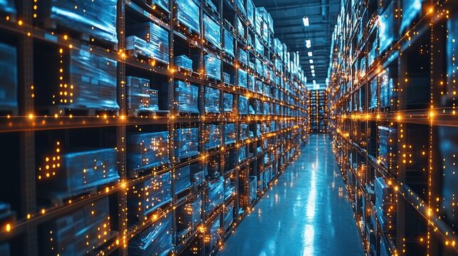 Warehouse aisle with packaged goods, logistics, inventory, distribution center, digital overlay