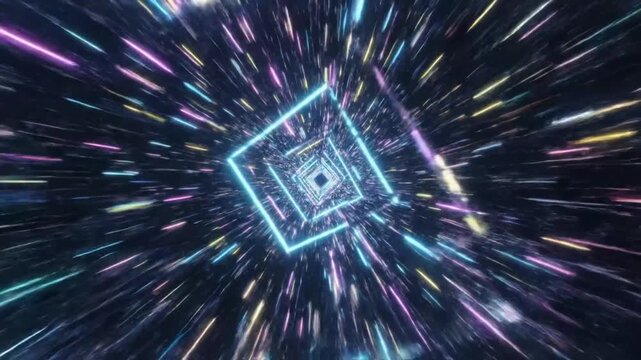 Futuristic tunnel of glowing squares traveling through hyperspace with vibrant star streaks in an abstract animation