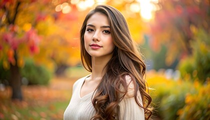 Fototapeta premium A young woman with long brown hair in an autumn setting