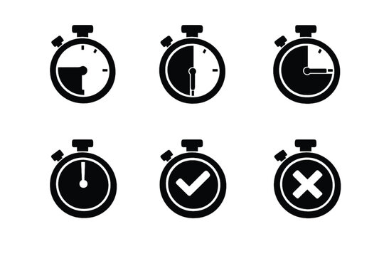 
Professional vector set of silver stopwatch icons featuring accurate sport timers and chronometers with second dials for racing and speed counting