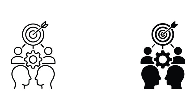 Business strategy alignment vector icons showing team members collaborating with gear mechanisms and target symbols for corporate planning and professional goal setting processes in flat design style