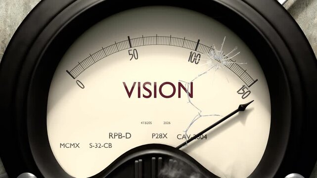 Vision meter showing big levels of vision. Dangerously increasing high values of vision, critical overload. Too much, off the charts. Max vision