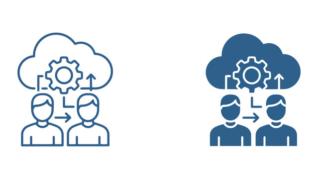 Cloud computing team collaboration icon showing users connecting to cloud server with gear mechanism for data synchronization and technical network infrastructure in blue tone flat vector design
