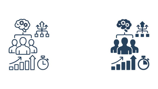 Strategic project planning and brain development icon set featuring team members with cognitive gear imagery and growth charts representing efficient time management and analytical business scaling