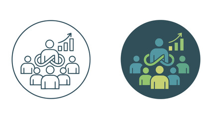 Obraz premium Business growth and team development icon featuring people with infinity loop and bar chart for continuous improvement and sustainable success in professional vector graphic design illustration