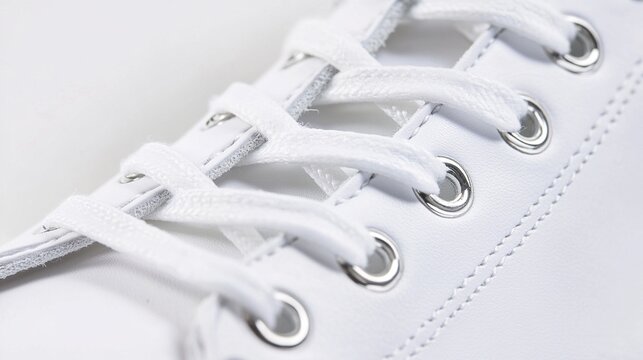 aglet. Close-up of white sneaker lace with metallic aglet on fabric. lifestyle magazines, social media lookbooks, designed for influencer and brand collaborations, inspires lifestyle.