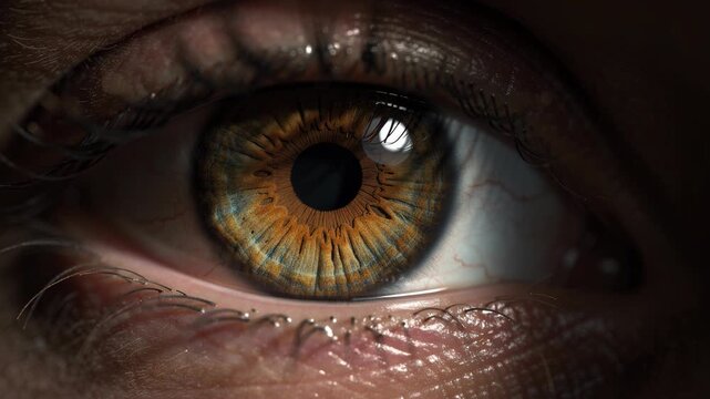 Close up of human eye with detailed brown iris and natural skin texture macro photography