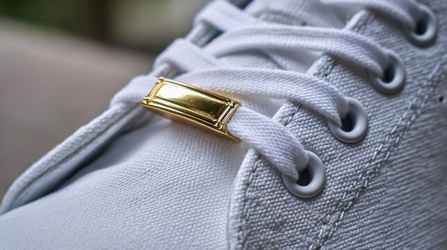 aglet. Close-up of white sneaker lace with metallic aglet on fabric. lifestyle magazines, social media lookbooks, designed for influencer and brand collaborations, inspires lifestyle.