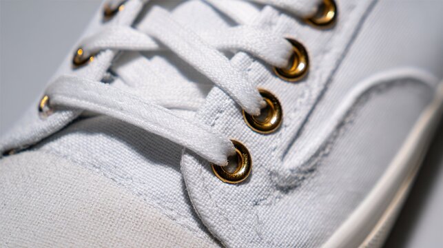 aglet. Close-up of white sneaker lace with metallic aglet on fabric. lifestyle magazines, social media lookbooks, designed for influencer and brand collaborations, inspires lifestyle.