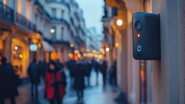 City street security camera, night view, blurred people. Possible use stock photo