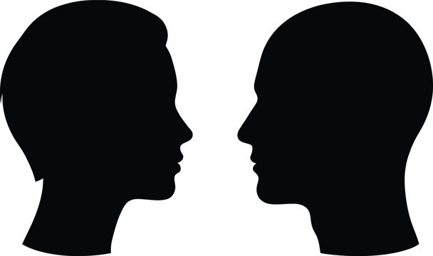 A clean vector illustration featuring the silhouette profiles of a man and a woman facing each other in black graphic design.