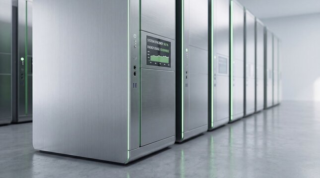 Modern server room with rows of metallic data center racks featuring green LED status lights and digital efficiency monitoring displays.