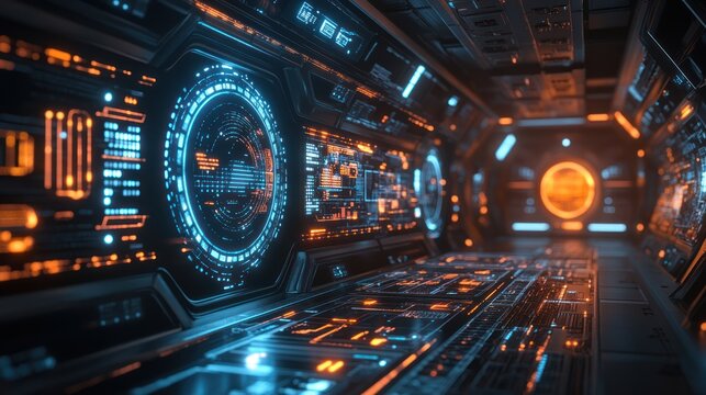 Futuristic spaceship interior cockpit displays