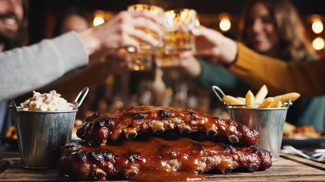 Friends Sharing a Delicious Meal with Ribs and Drinks Celebrating Together in Cozy Restaurant